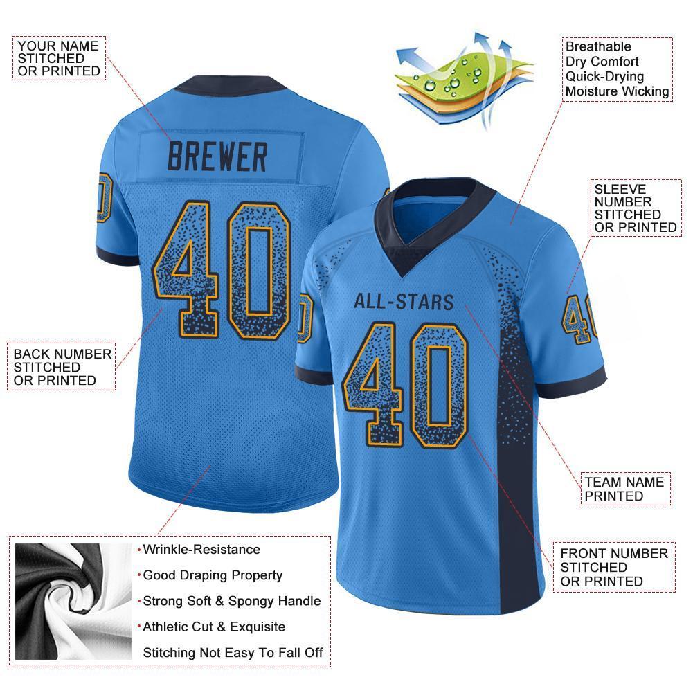 Custom Powder Blue Navy-Gold Drift Fashion Mesh Authentic Football Jersey