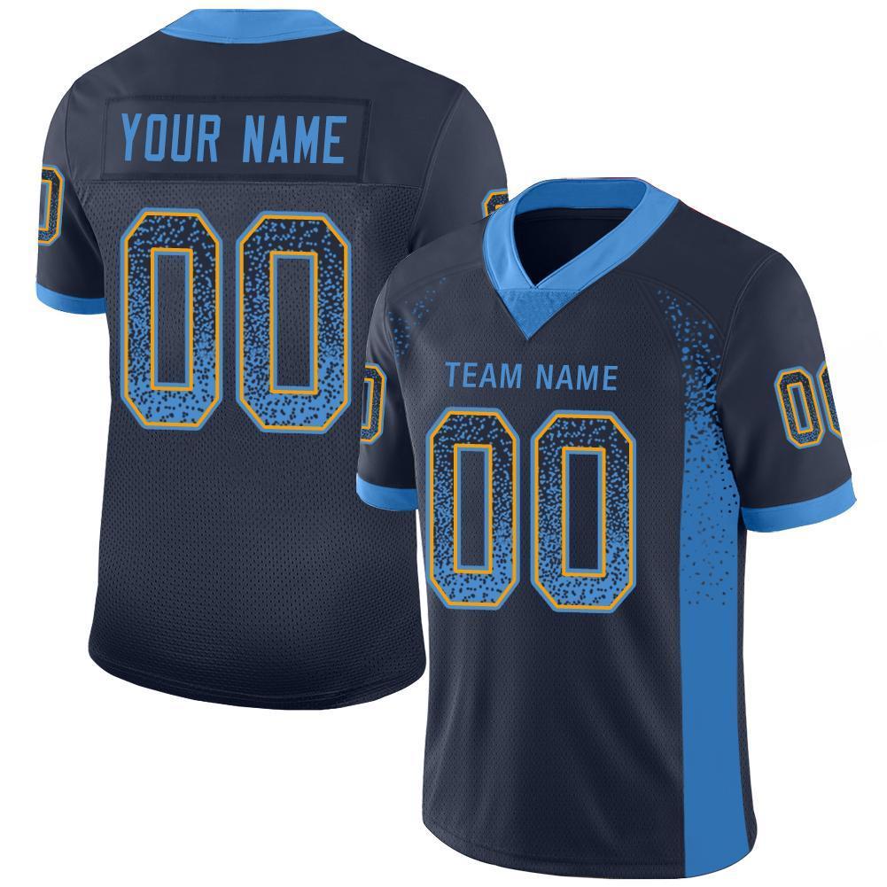 Custom Navy Powder Blue-Gold Drift Fashion Mesh Authentic Football Jersey