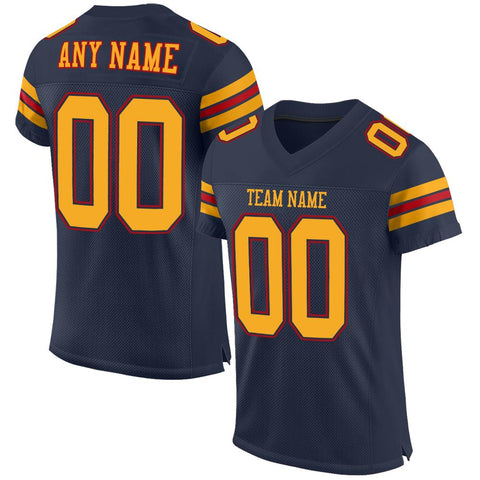 Custom Navy Gold-Red Classic Style Mesh Authentic Football Jersey