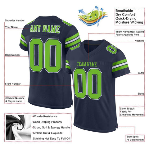 Custom Navy Neon Green-White Classic Style Mesh Authentic Football Jersey