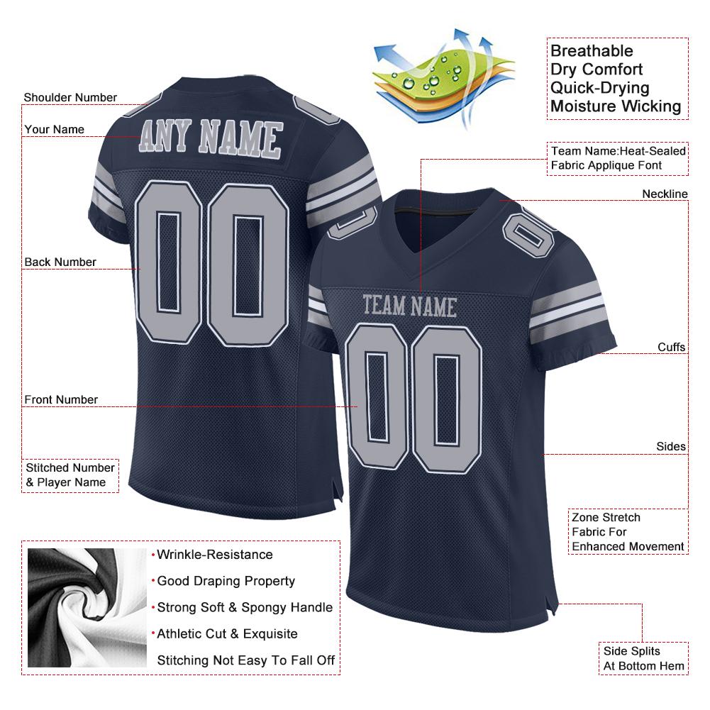 Custom Navy Gray-White Classic Style Mesh Authentic Football Jersey