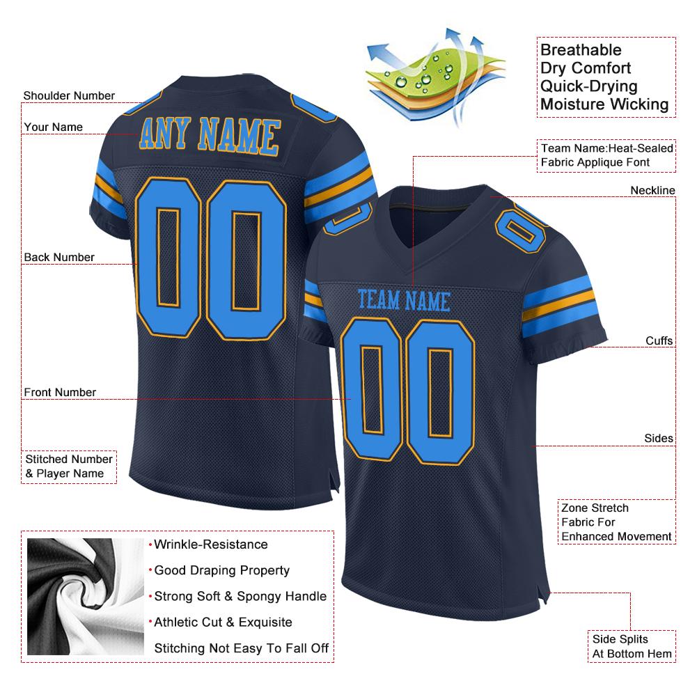 Custom Navy Powder Blue-Gold Classic Style Mesh Authentic Football Jersey