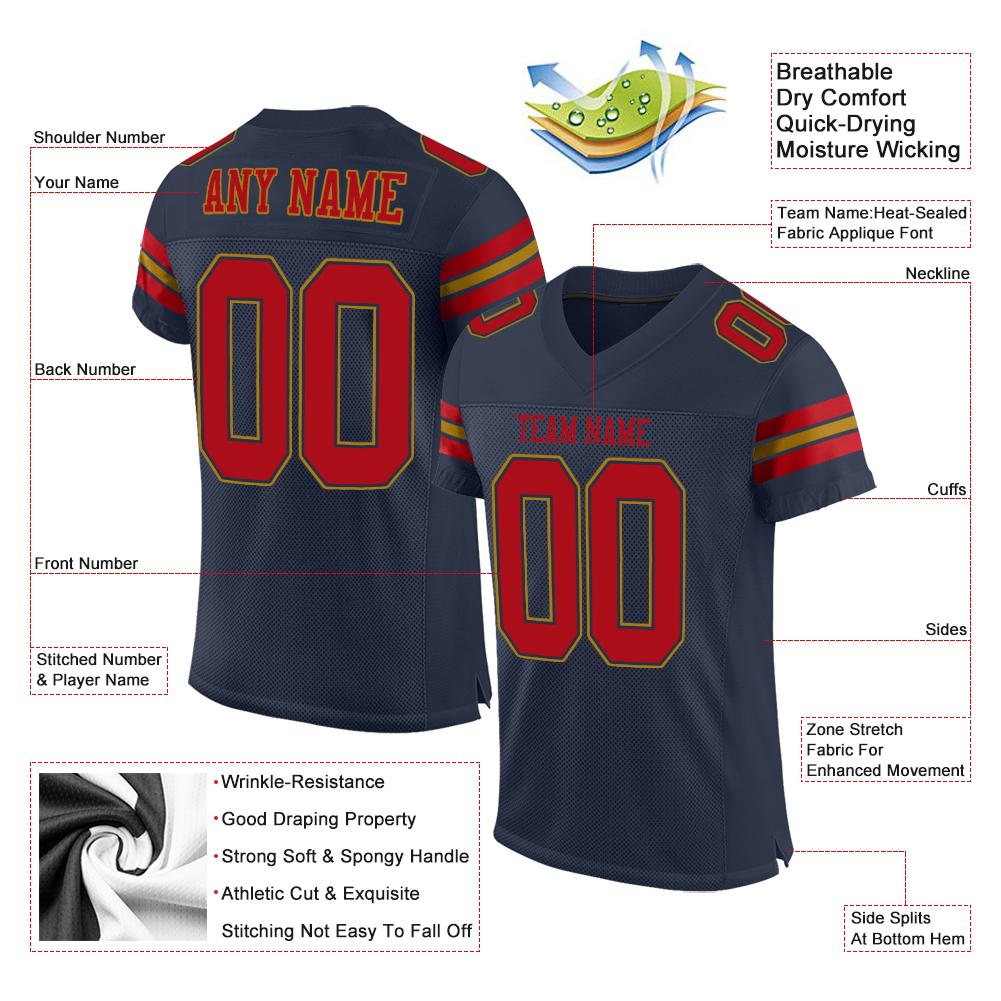 Custom Navy Red-Old Gold Classic Style Mesh Authentic Football Jersey