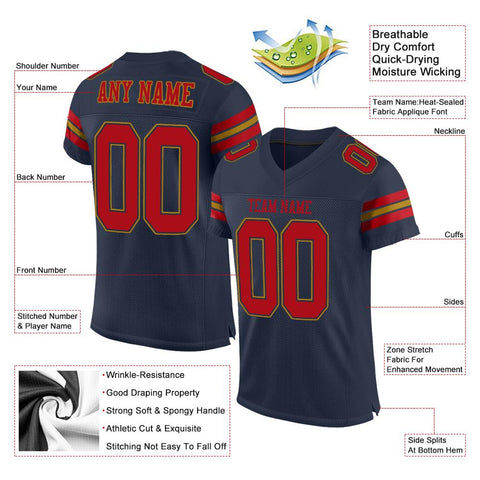 Custom Navy Red-Old Gold Classic Style Mesh Authentic Football Jersey