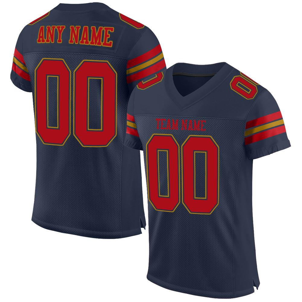 Custom Navy Red-Old Gold Classic Style Mesh Authentic Football Jersey