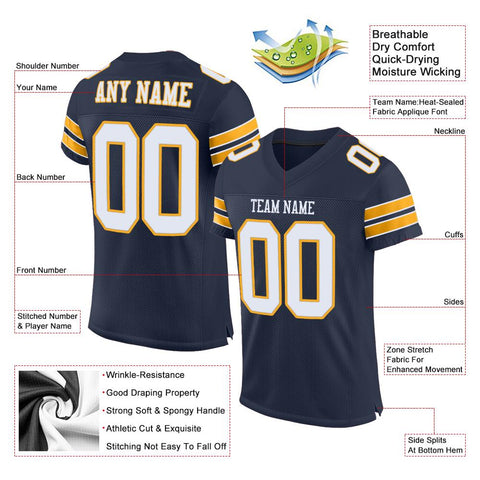 Custom Navy White-Gold Classic Style Mesh Authentic Football Jersey
