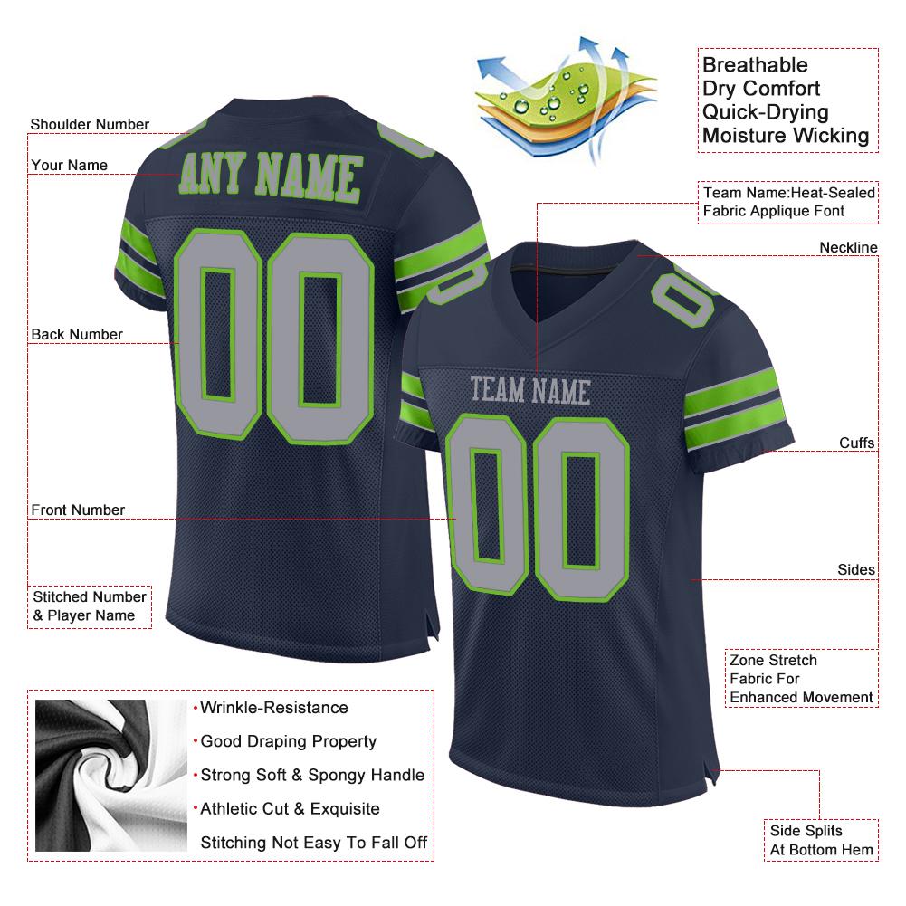 Custom Navy Light Gray-Neon Green Classic Style Mesh Authentic Football Jersey