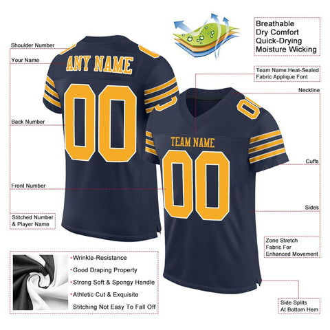 Custom Navy Gold-White Classic Style Mesh Authentic Football Jersey