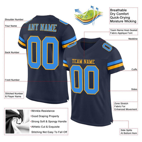 Custom Navy Powder Blue-Gold Classic Style Mesh Authentic Football Jersey