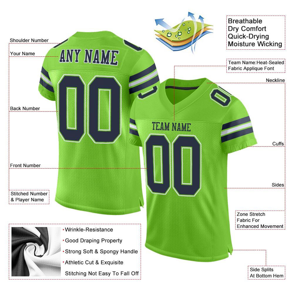 Custom Neon Green Navy-White Classic Style Mesh Authentic Football Jersey