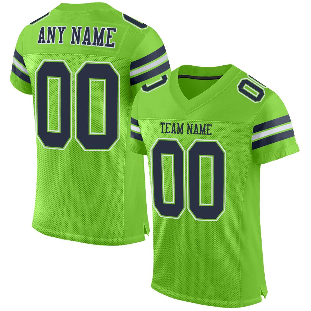 Custom Neon Green Navy-White Classic Style Mesh Authentic Football Jersey