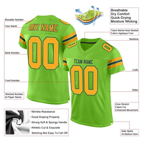 Custom Neon Green Gold-Navy Classic Style Mesh Authentic Football Jersey