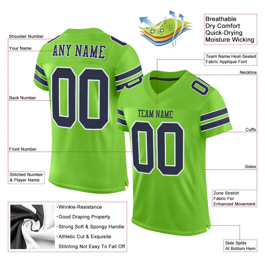 Custom Neon Green Navy-White Classic Style Mesh Authentic Football Jersey