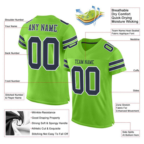 Custom Neon Green Navy-White Classic Style Mesh Authentic Football Jersey