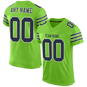 Custom Neon Green Navy-White Classic Style Mesh Authentic Football Jersey