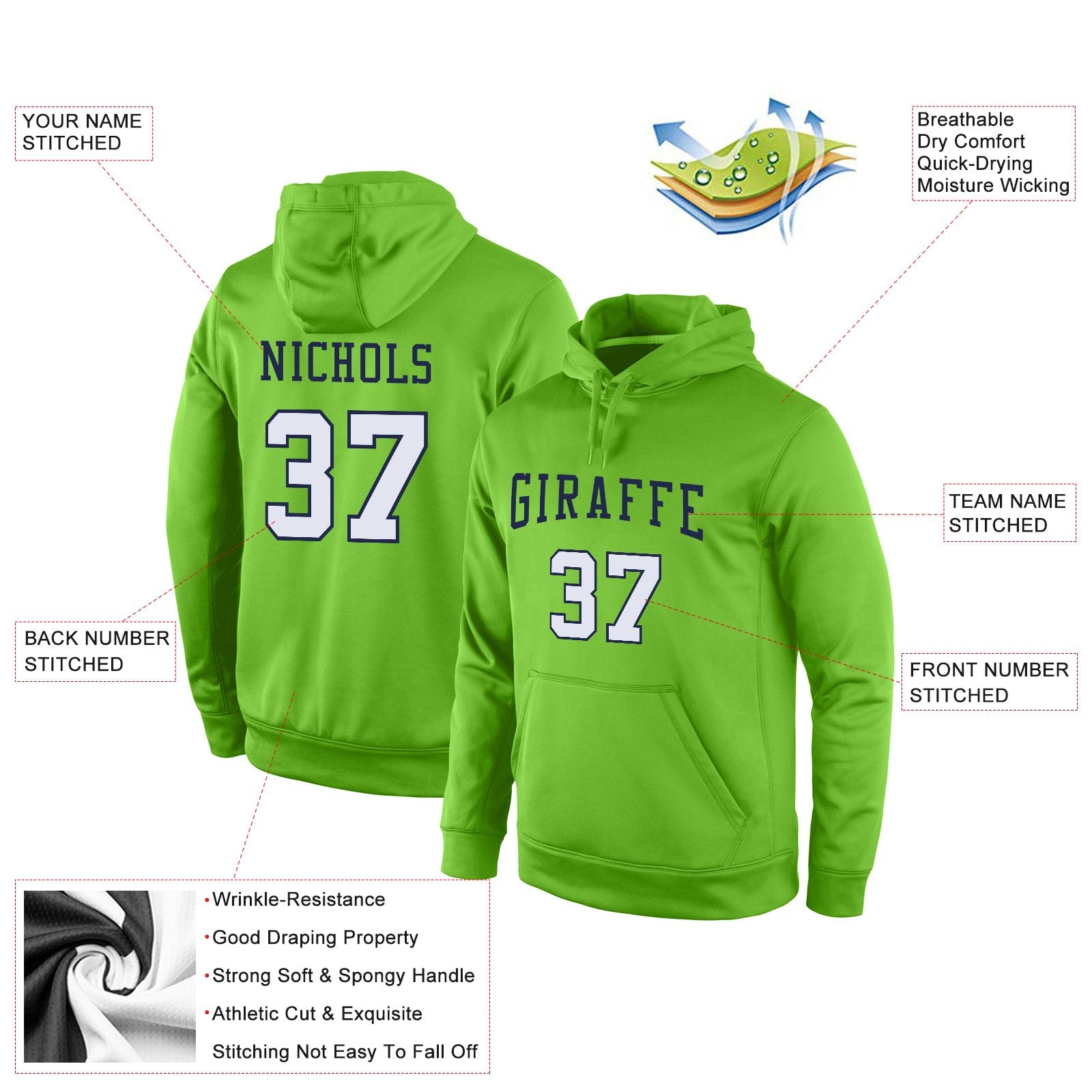 Custom Neon Green White-Navy Classic Style Uniform Pullover Fashion Hoodie