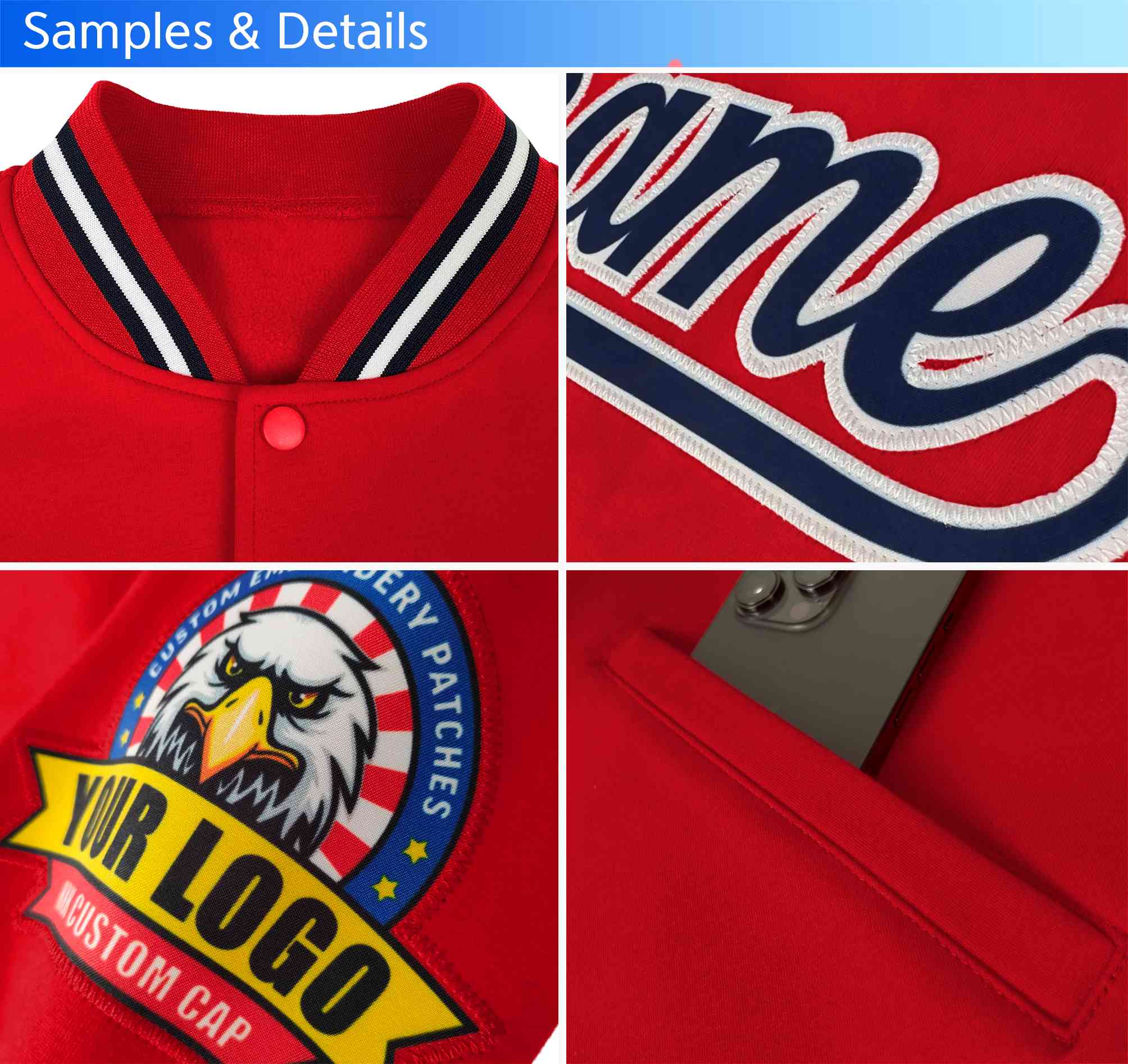 personalized classic varsity full-snap jackets samples & details