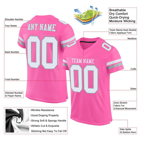 Custom Pink White-Light Gray Classic Style Mesh Authentic Football Jersey