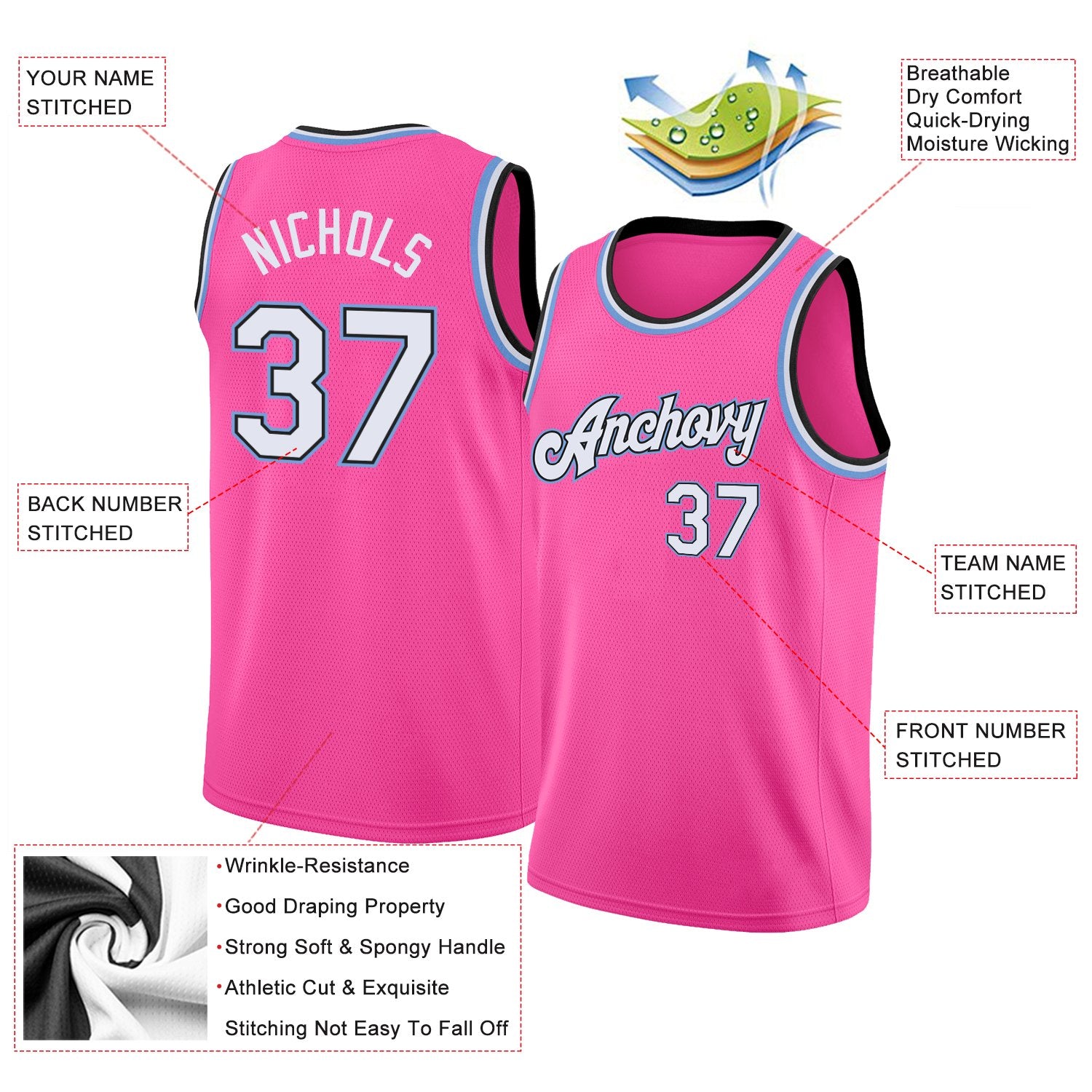 Custom Pink White-Light Blue Classic Tops Mesh Basketball Jersey