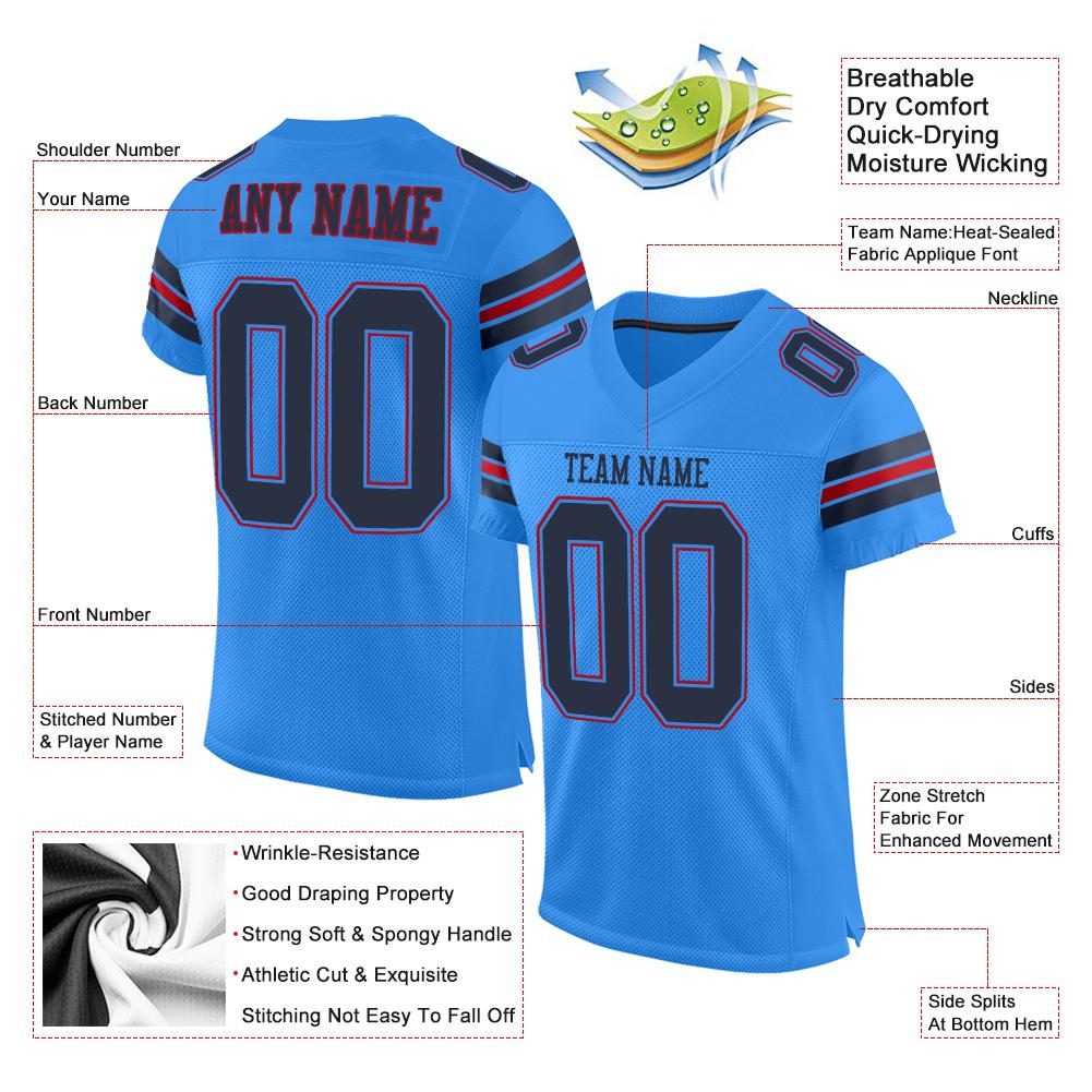 Custom Powder Blue Navy-Red Classic Style Mesh Authentic Football Jersey