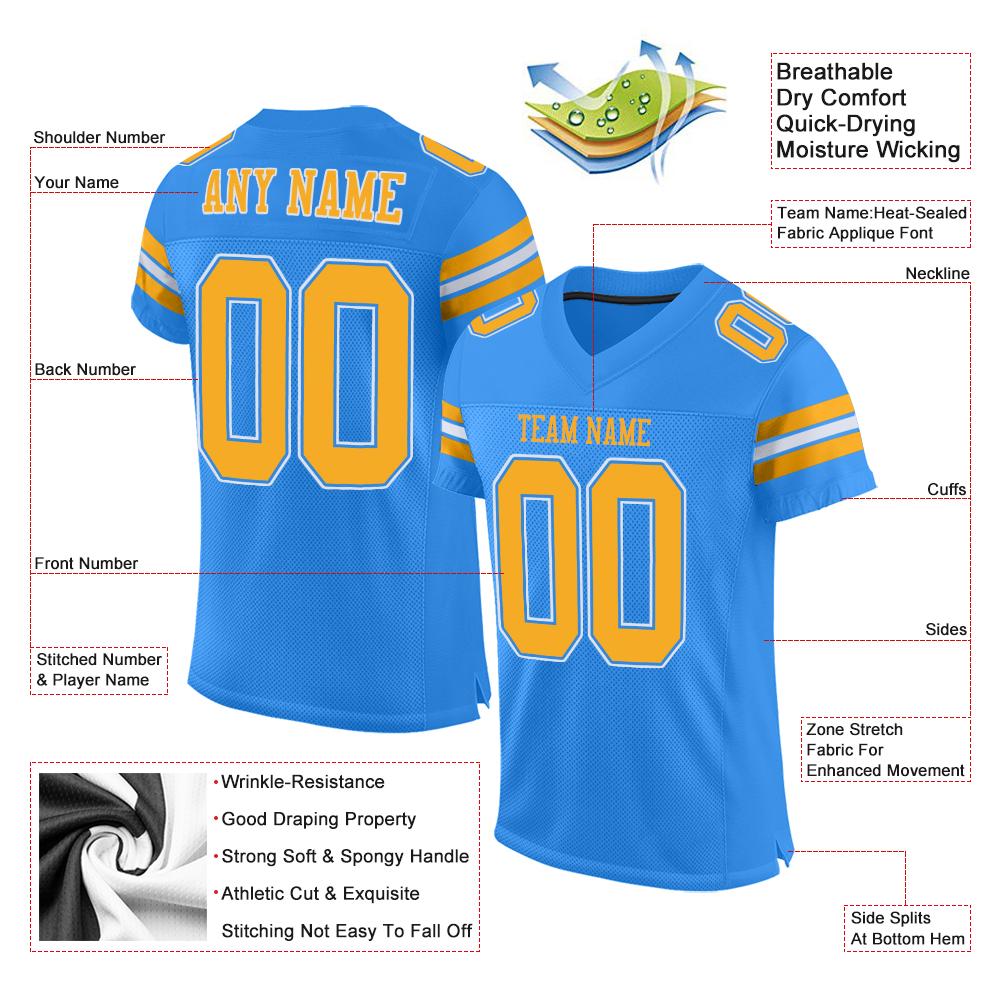 Custom Powder Blue Gold-White Classic Style Mesh Authentic Football Jersey