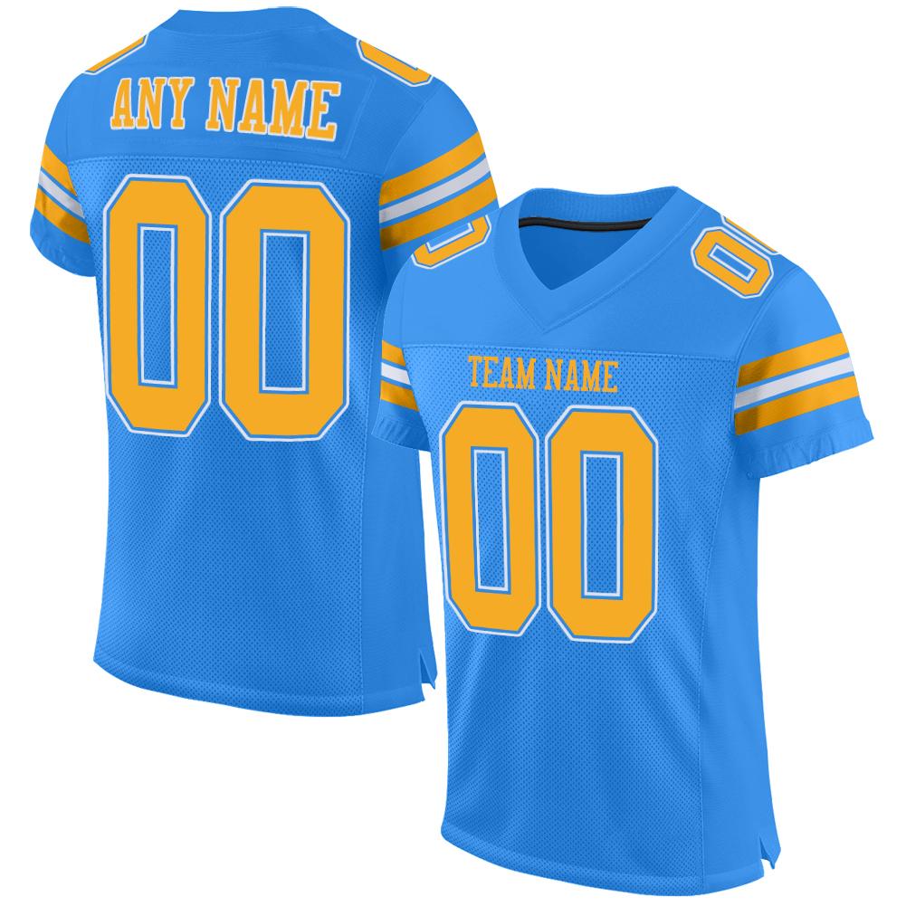 Custom Powder Blue Gold-White Classic Style Mesh Authentic Football Jersey