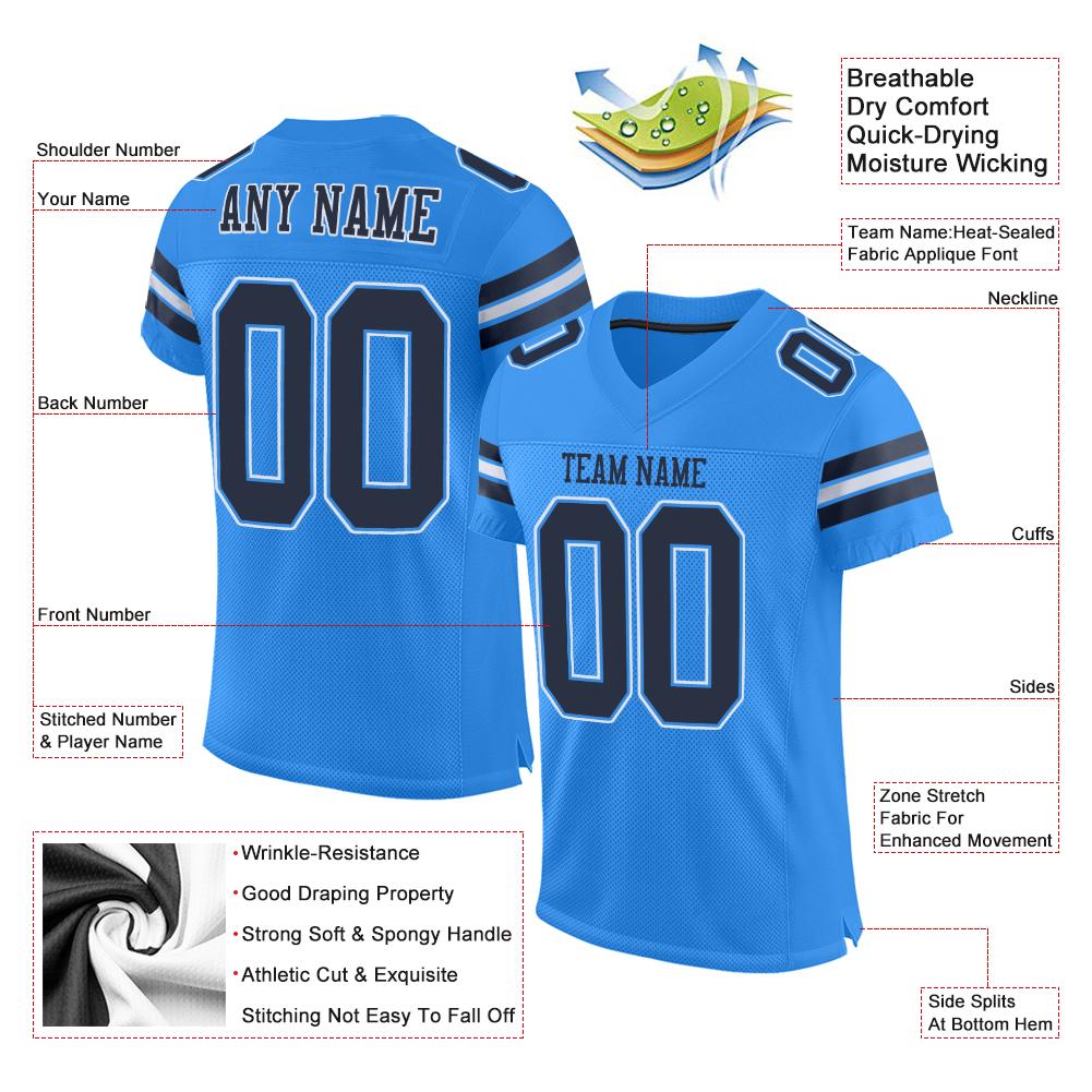 Custom Powder Blue Navy-White Classic Style Mesh Authentic Football Jersey