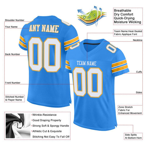 Custom Powder Blue White-Gold Classic Style Mesh Authentic Football Jersey