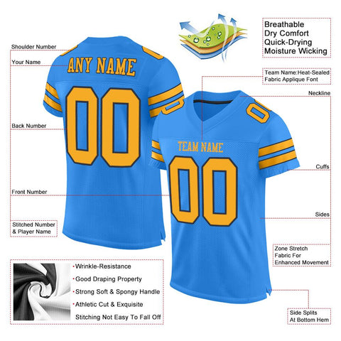 Custom Powder Blue Gold-Navy Classic Style Mesh Authentic Football Jersey