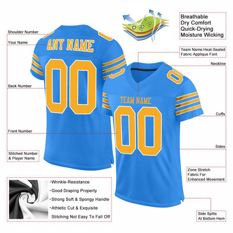 Custom Powder Blue Gold-White Classic Style Mesh Authentic Football Jersey