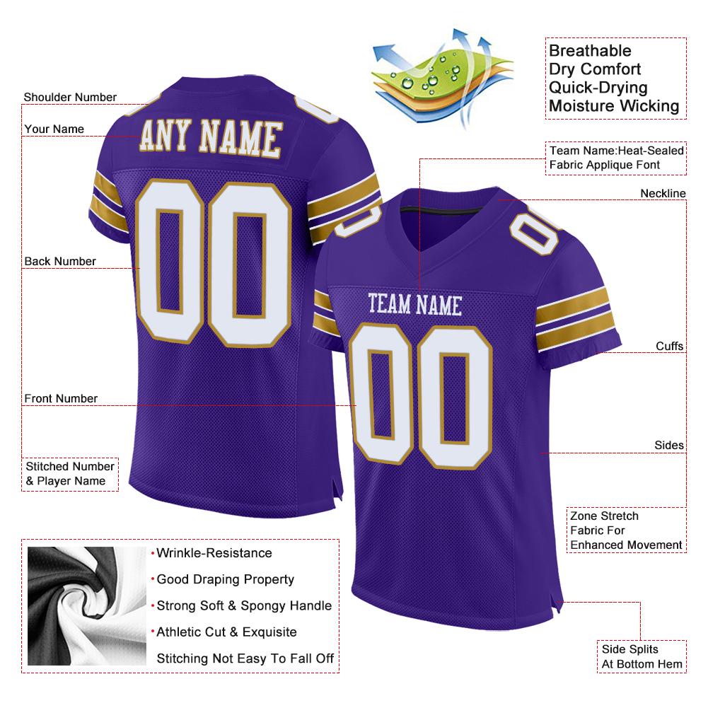 Custom Purple White-Old Gold Classic Style Mesh Authentic Football Jersey