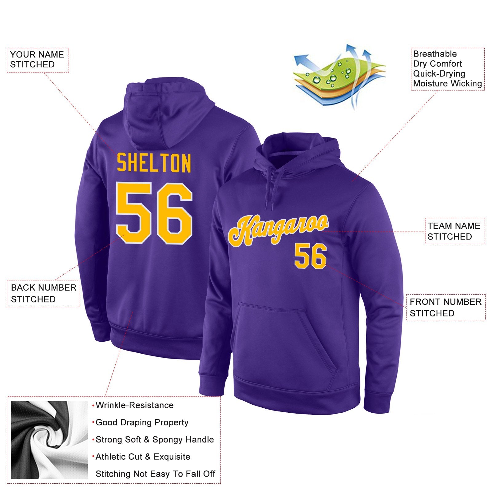 Custom Purple Yellow-White Classic Style Uniform Pullover Fashion Hoodie