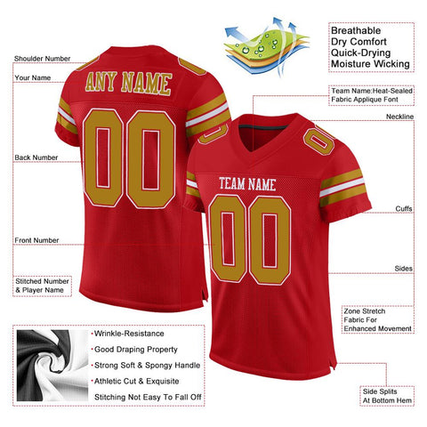 Custom Red Old Gold-White Classic Style Mesh Authentic Football Jersey