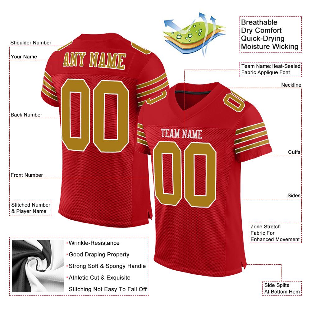 Custom Red Old Gold-White Classic Style Mesh Authentic Football Jersey