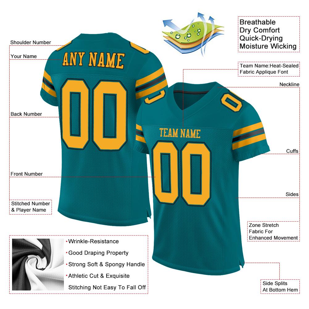 Custom Teal Gold-Black Classic Style Mesh Authentic Football Jersey