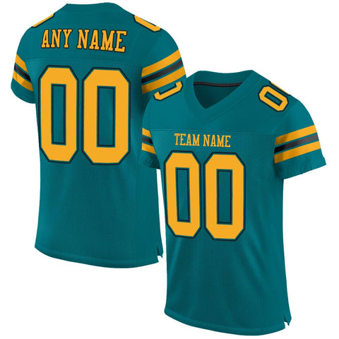 Custom Teal Gold-Black Classic Style Mesh Authentic Football Jersey