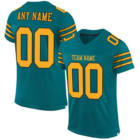 Custom Teal Gold-Black Classic Style Mesh Authentic Football Jersey