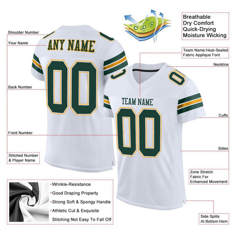 Custom White Green-Gold Classic Style Mesh Authentic Football Jersey