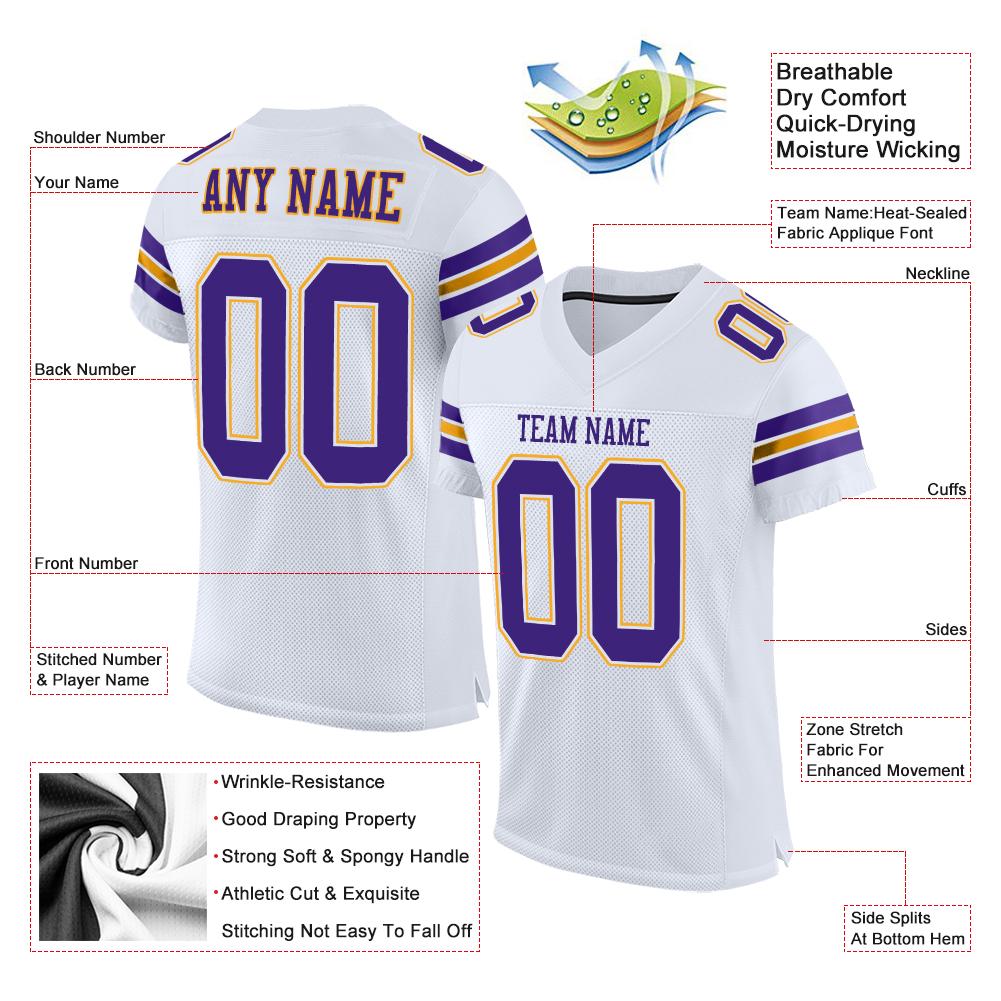 Custom White Purple-Gold Classic Style Mesh Authentic Football Jersey