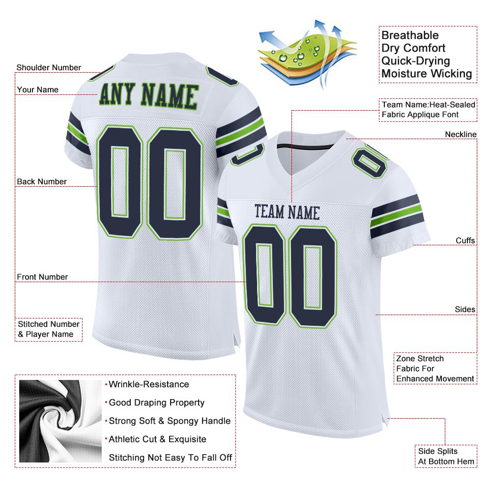 Custom White Navy-Neon Green Classic Style Mesh Authentic Football Jersey