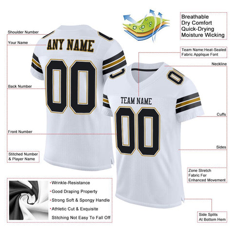 Custom White Black-Old Gold Classic Style Mesh Authentic Football Jersey