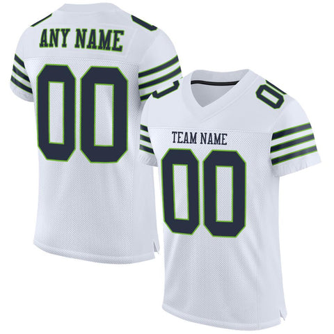 Custom White Navy-Neon Green Classic Style Mesh Authentic Football Jersey