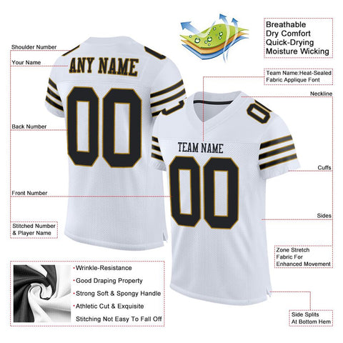 Custom White Black-Old Gold Classic Style Mesh Authentic Football Jersey