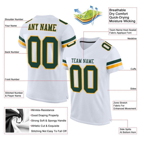 Custom White Green-Gold Classic Style Mesh Authentic Football Jersey