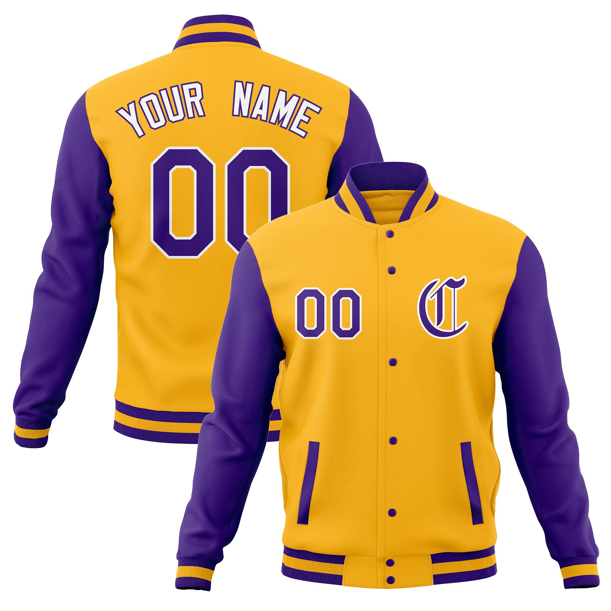 Custom yellow and purple letterman jacket premium varsity jacket